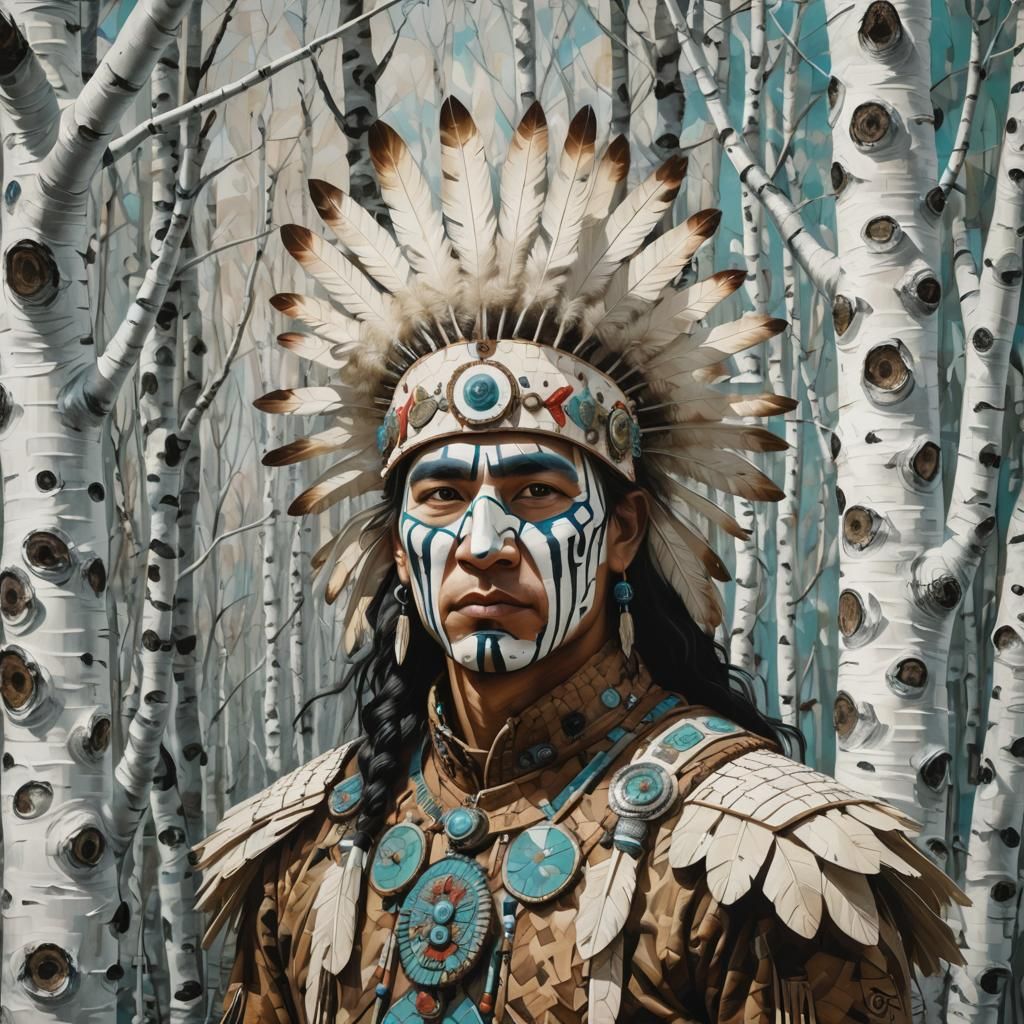 Mohawk Figure Camouflaged in White Birch Forest