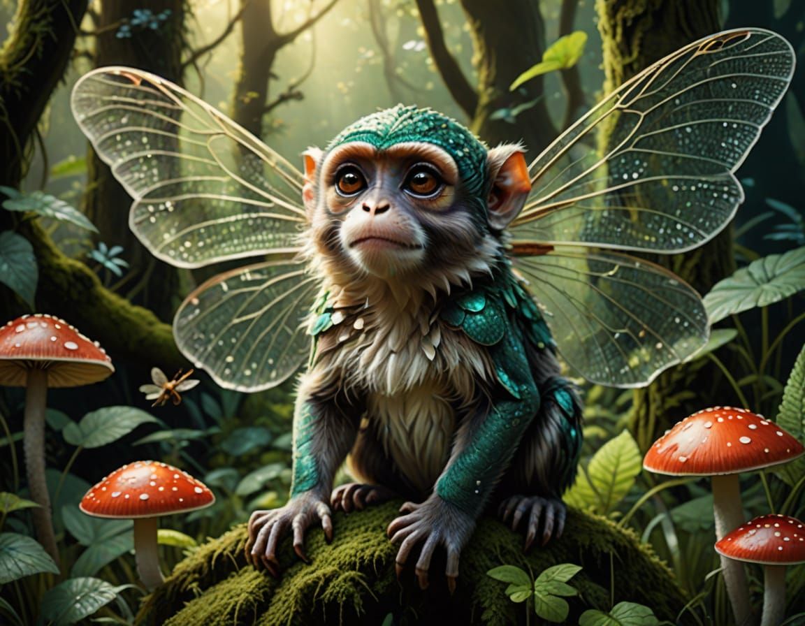 Whimsical Fantasy Monkey with Dragonfly Wings