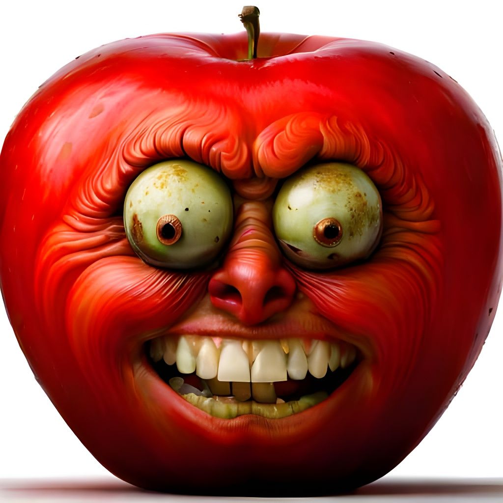 Grotesque Apple Creature Grinning: Detailed Digital Art