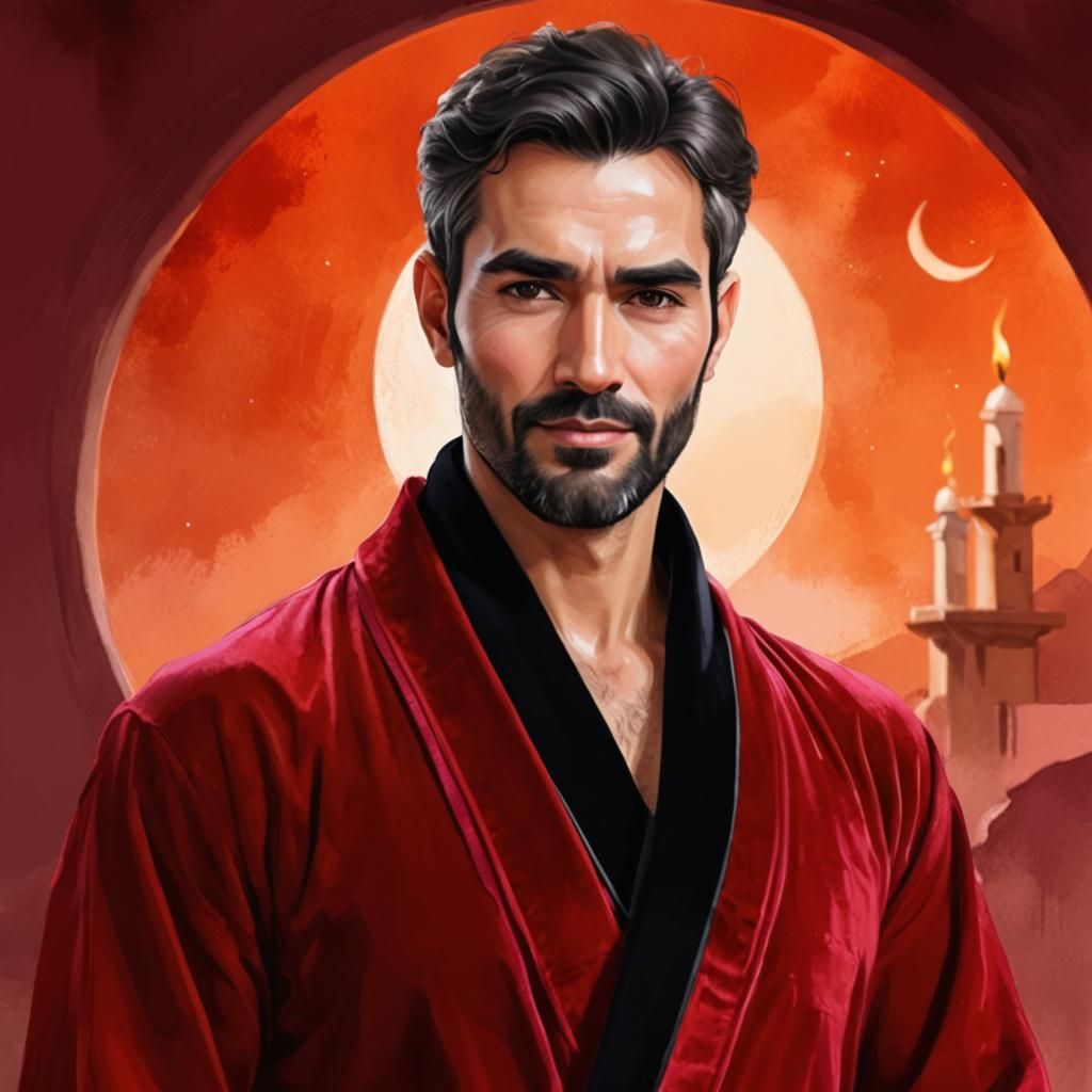 Hirsute Man in Red Velvet Bathrobe: Digital Art