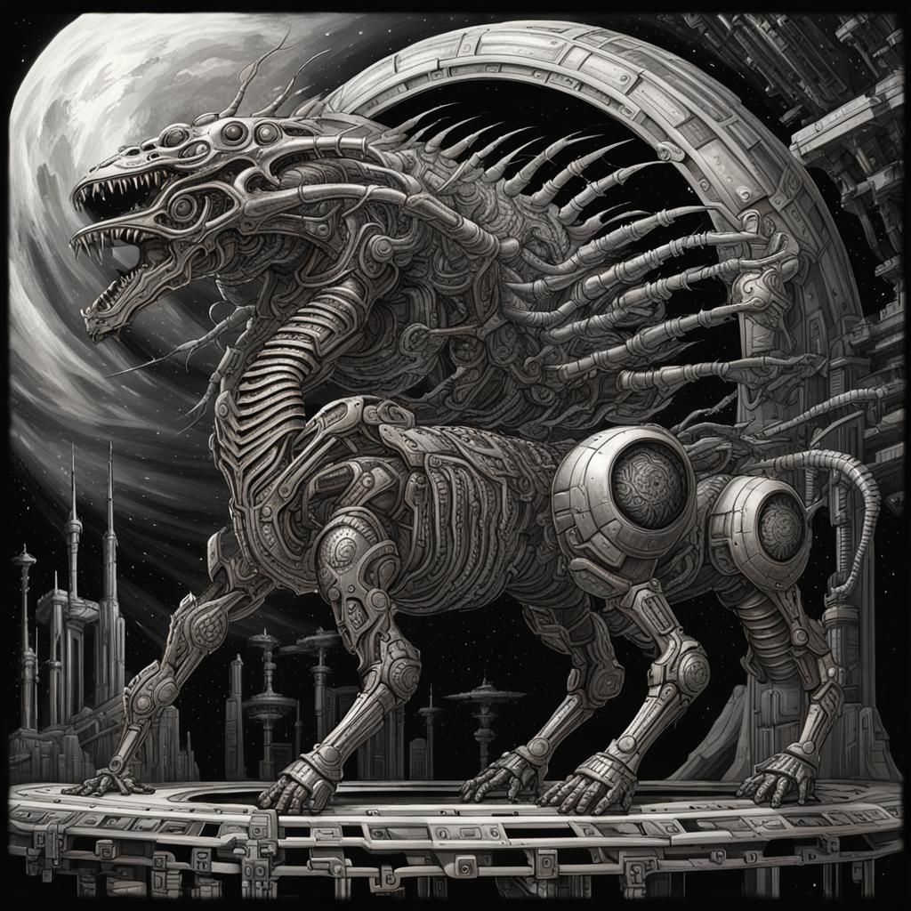 (cyborg draconic female seraphim) (centipede centaur), exploding space station, h.r. giger style
