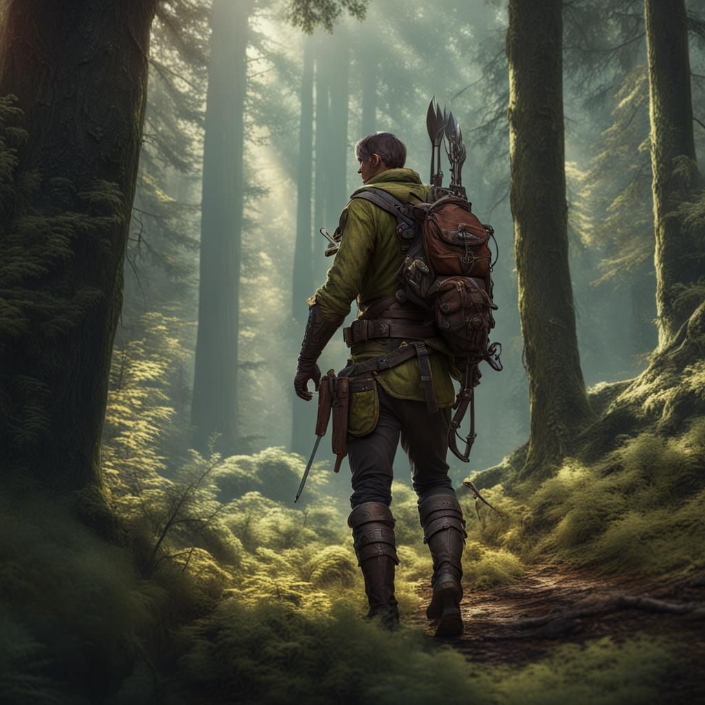 Human Ranger stalking prey in the forest, Greg Rutkowski