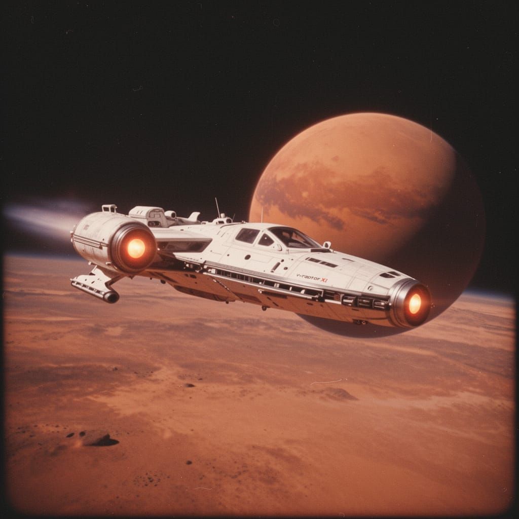 Animated Spaceship Orbits Mars in Cinematic Film Still