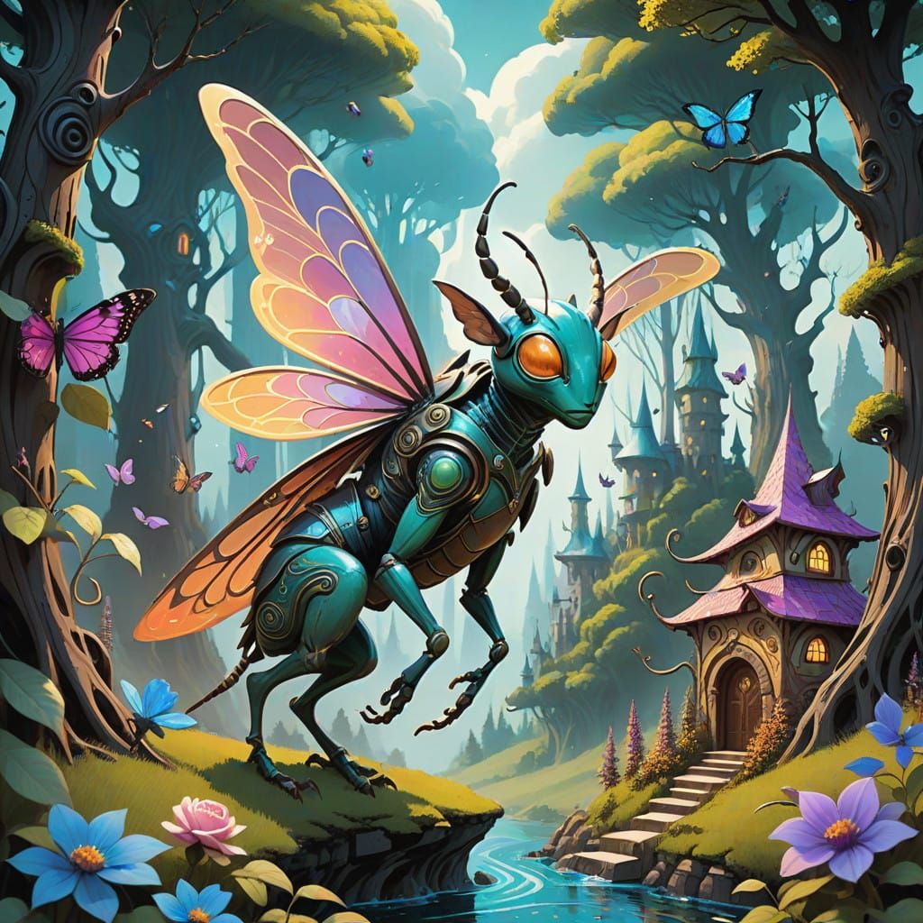 Whimsical Fae Riders on Iridescent Alien Bugs in a Vibrant M...