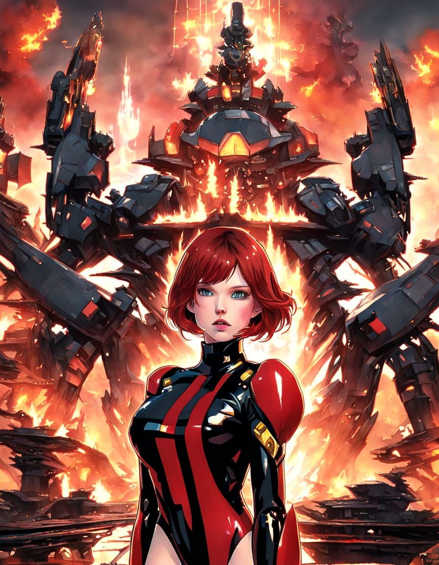 Victorious Redhead on Gundam Robot in Anime Style