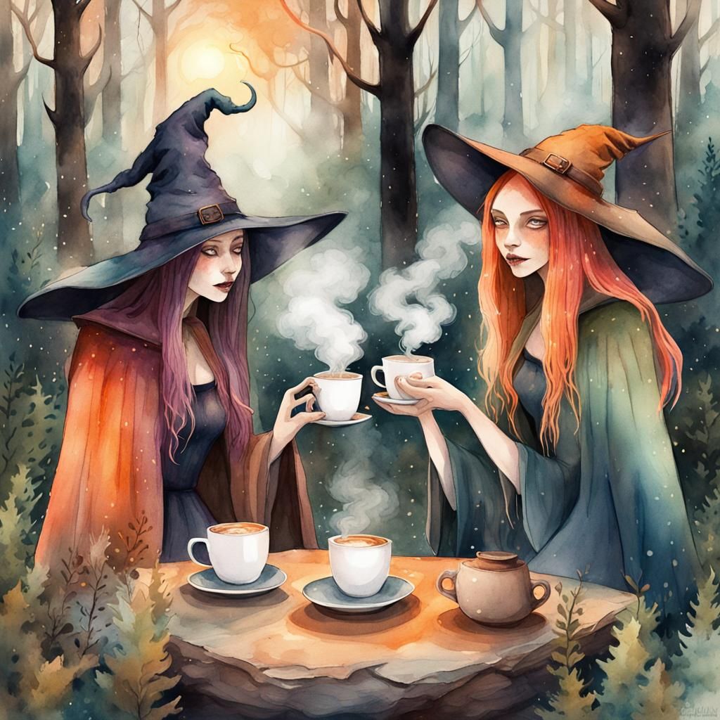 Ethereal Witches Coffee Break: Watercolor Illustration