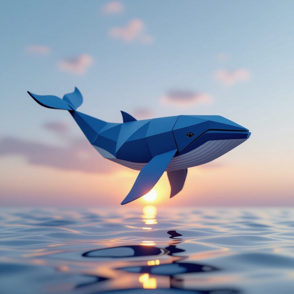 Origami Whale Above Serene Ocean, 8K Detail