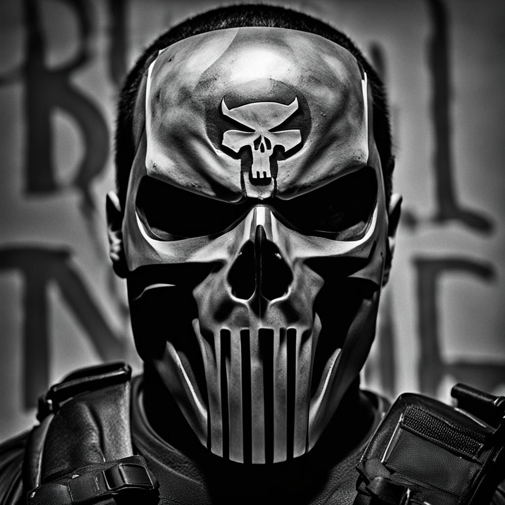 Punisher Skull Mask in Black and White Portrait