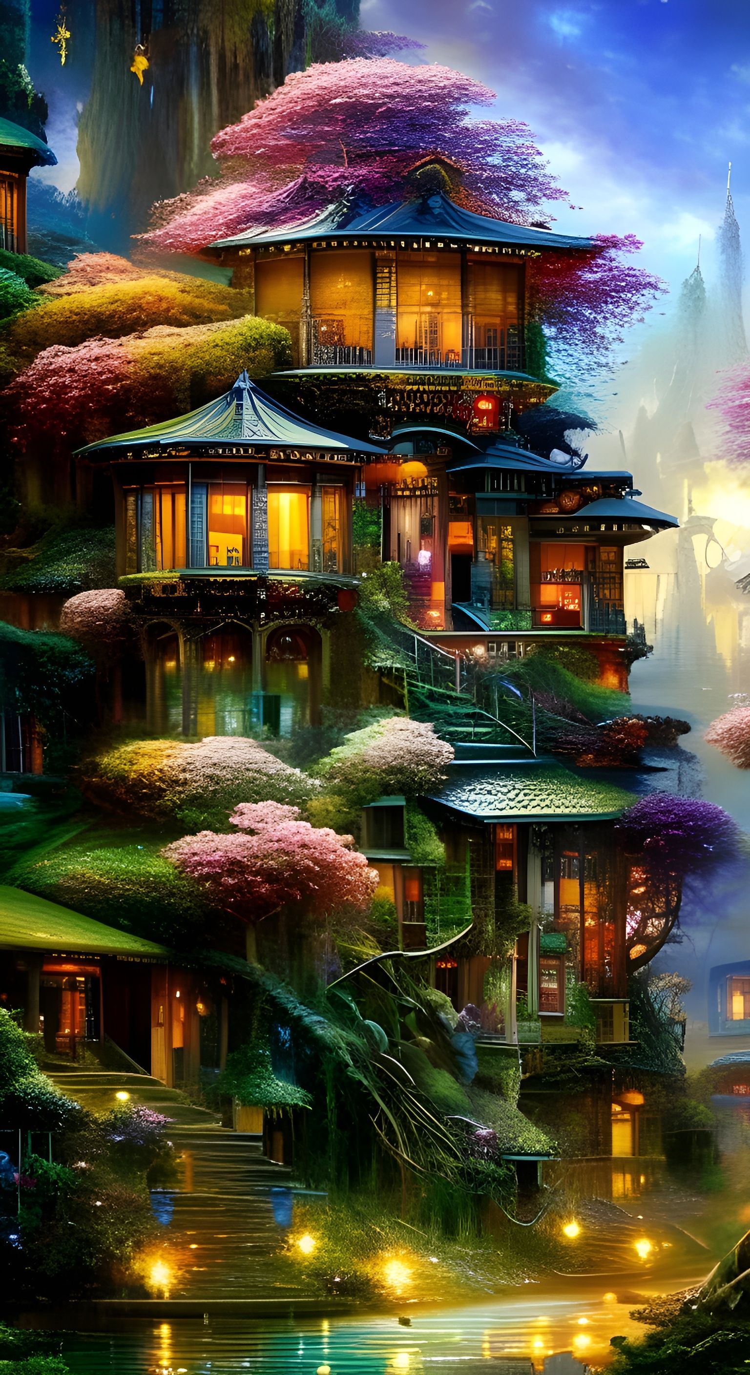 Glass Bonsai Village: Detailed Digital Matte Painting