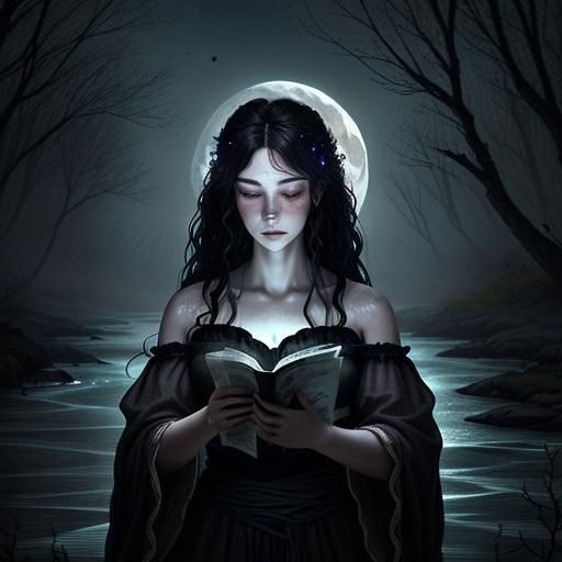 In the fading twilight of a mysterious realm, she reads...