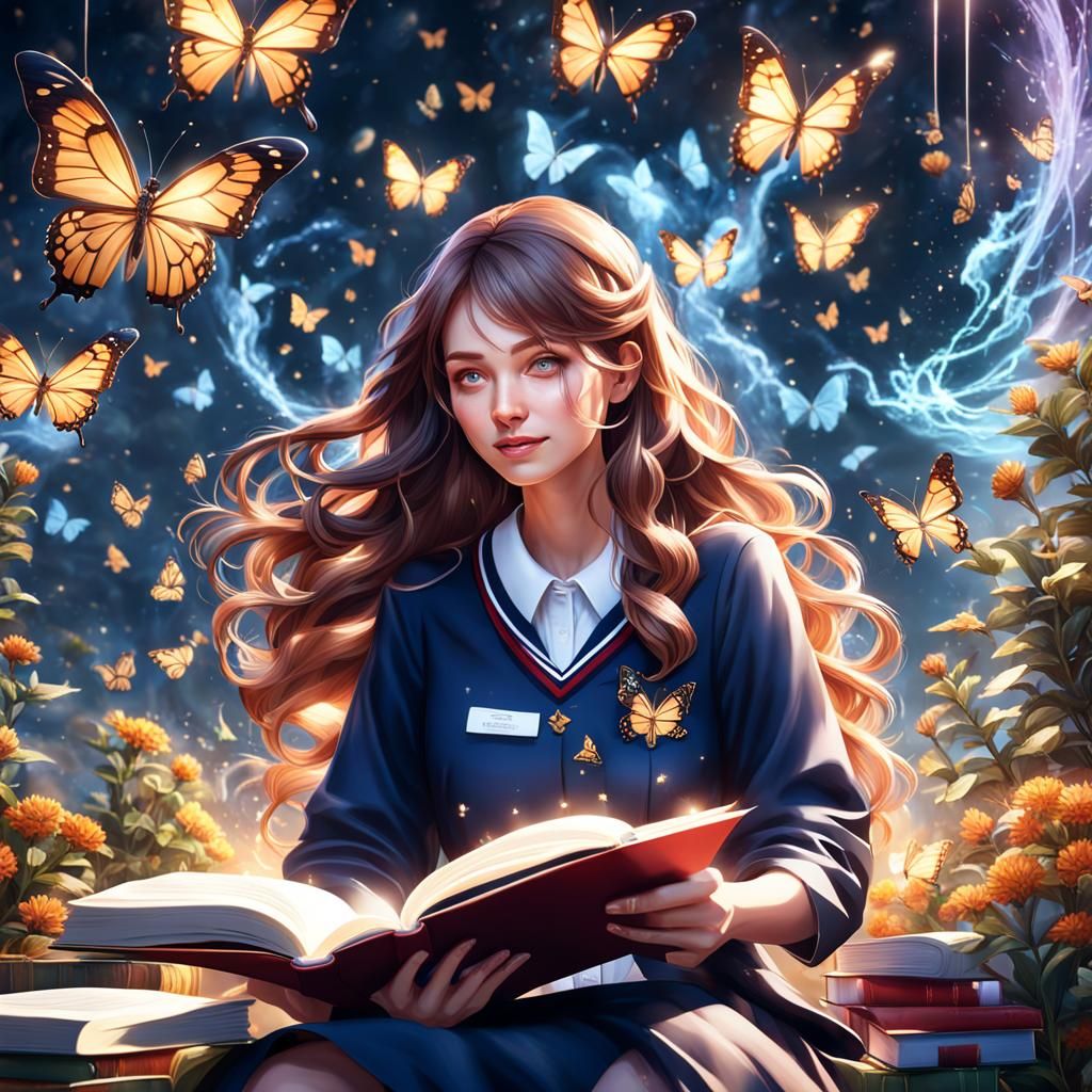 Smiling Woman Reading with Butterflies in Fantasy Style
