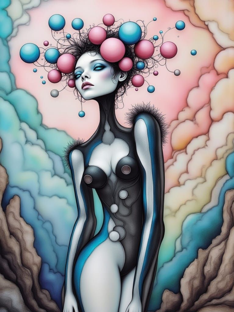 Surreal Futuristic Goddess in Metallic Bloom