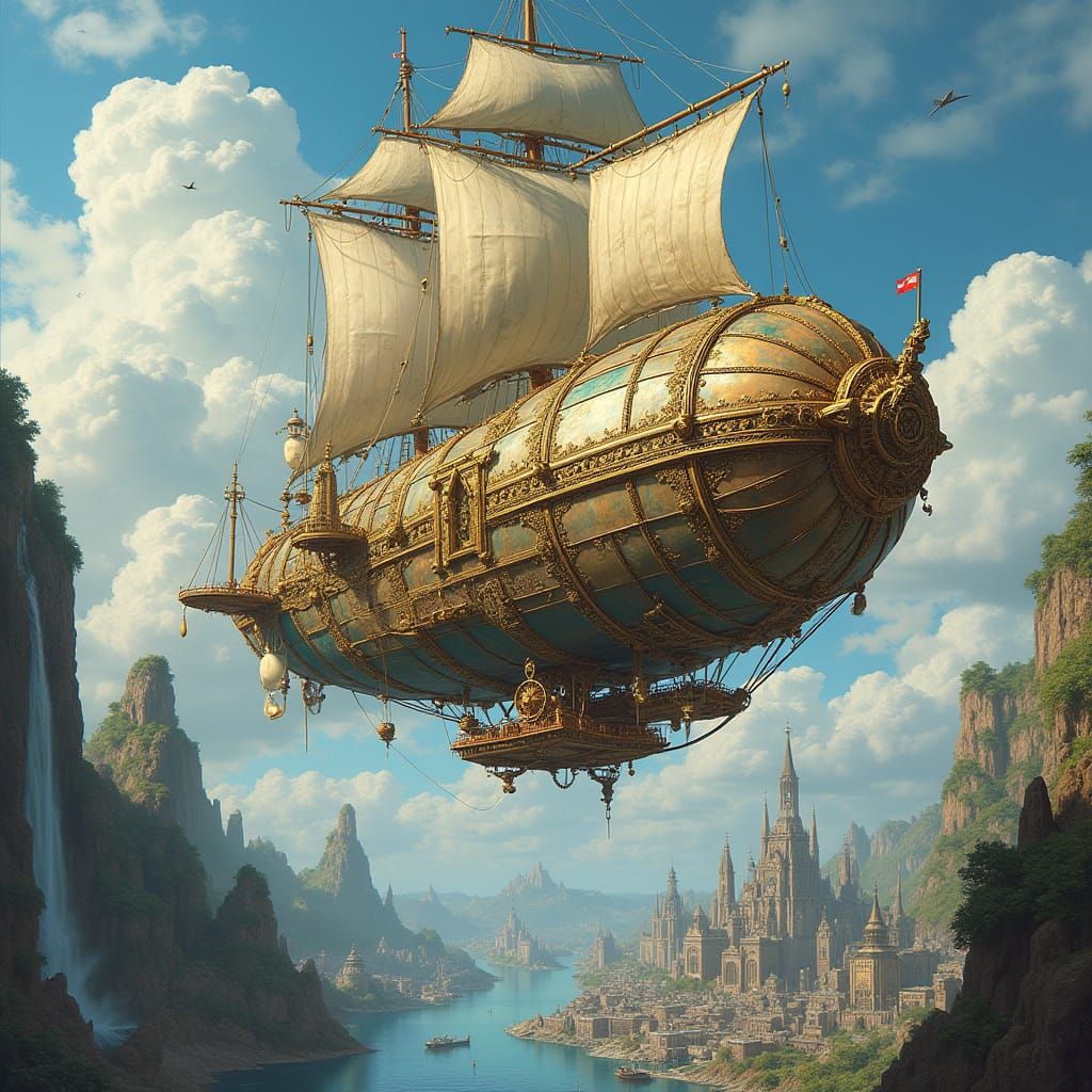 Jewel-Encrusted Airship Over Steampunk City