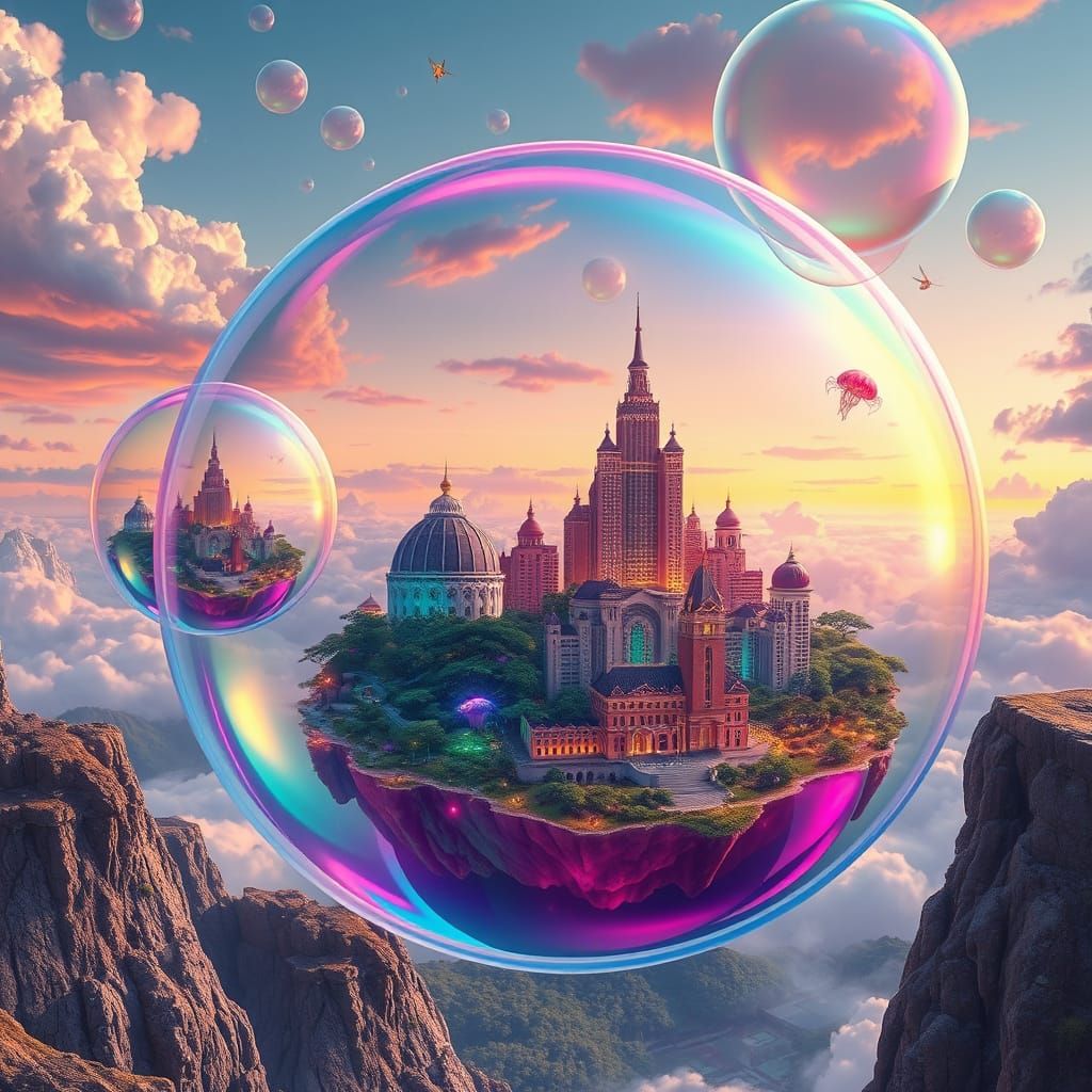 Surreal Soap Bubble Dimension with Iridescent Cities
