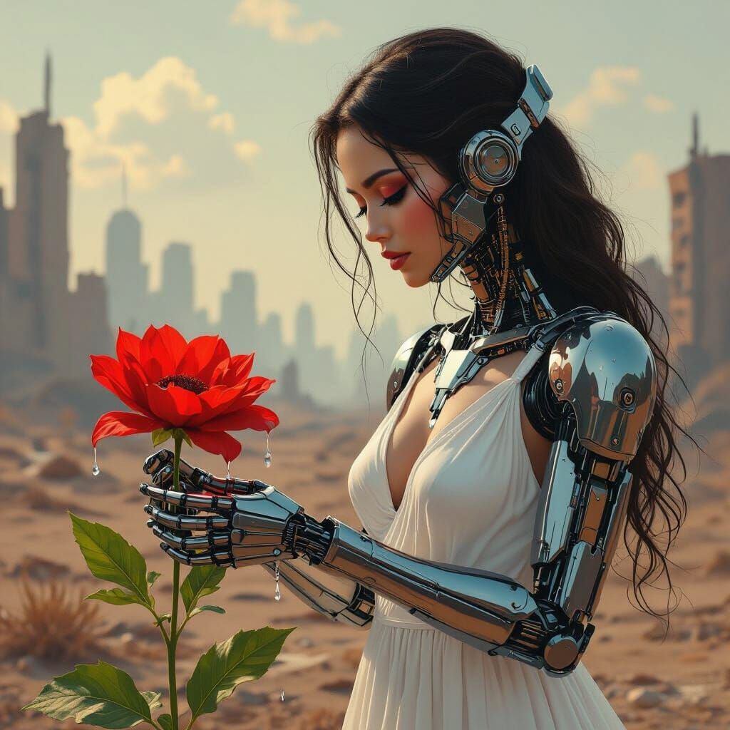 Cyborg Woman Tends Flower in Post-Apocalyptic City