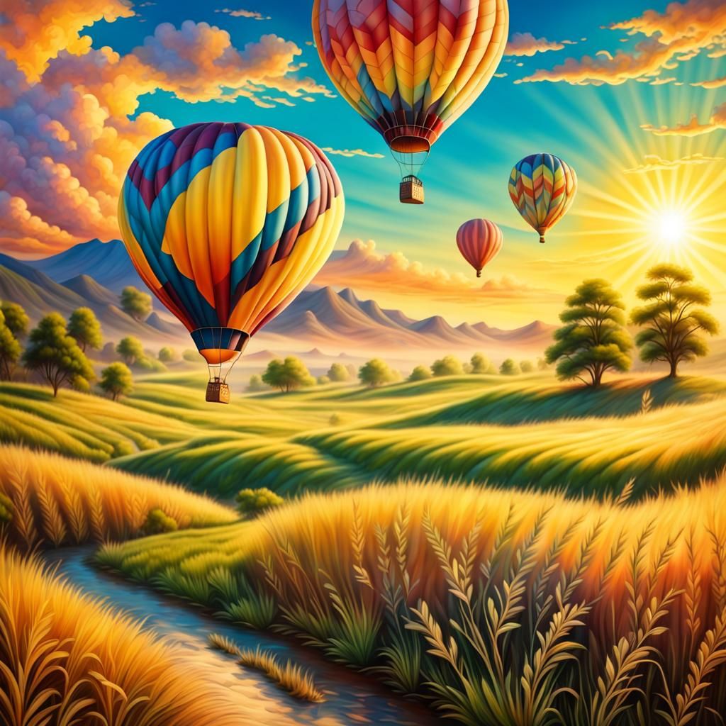 Ornate Hot Air Balloon at Sunrise in Airbrush Style
