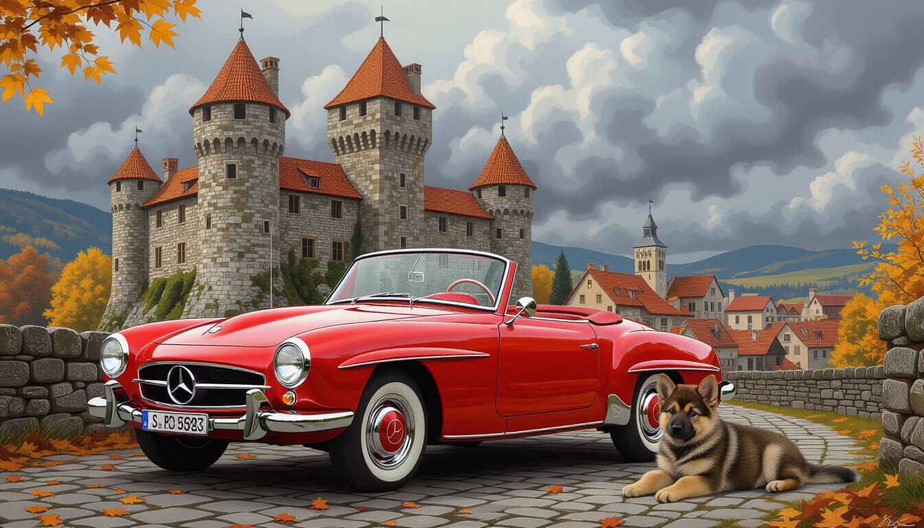 Red 1962 Mercedes 190sl Before Medieval Castle