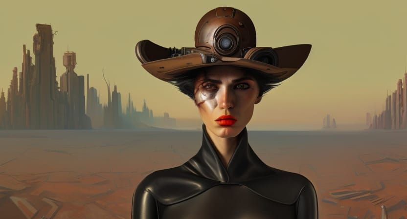Hyperrealistic Cyber Cowboy Woman in Dystopian West