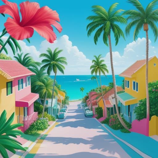 Vibrant Tropical Village in Whimsical Art Style