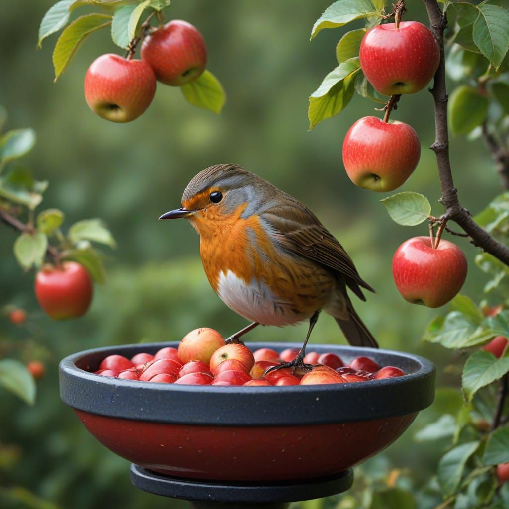 Vibrant Red Robin in Whimsical Apple Harvest Scene