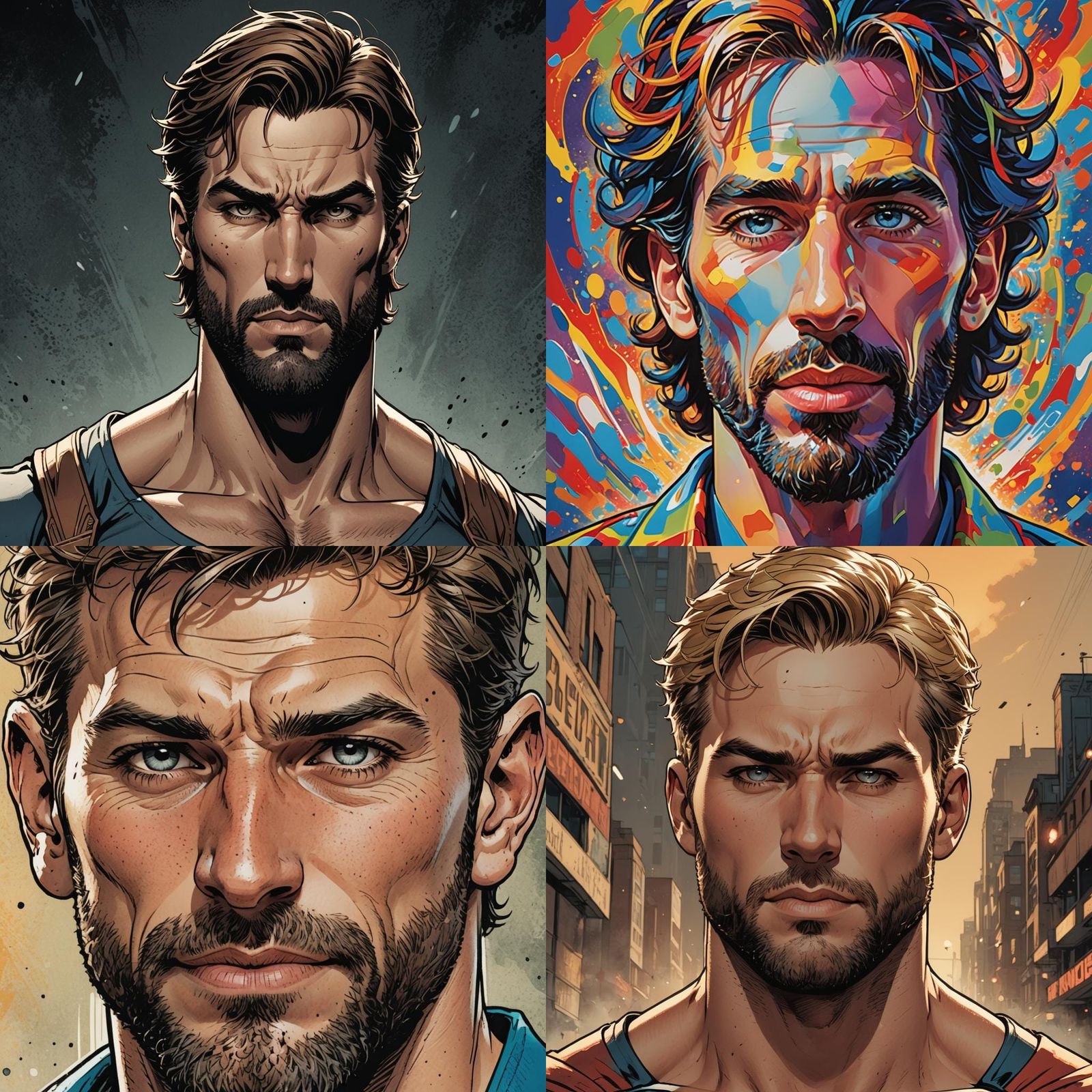 Athletic Man with Short Beard in Comic Book Style