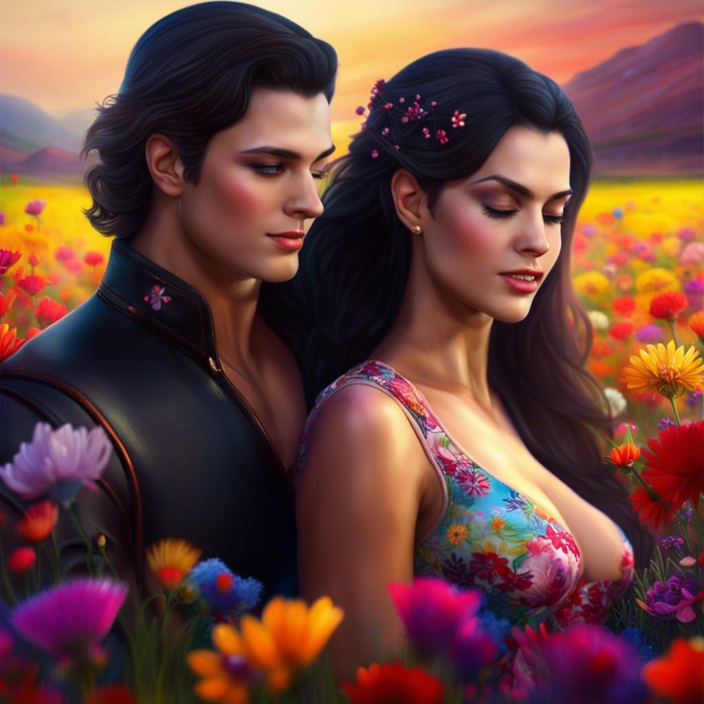 Passionate Lovers Embrace in Flowered Field: Fantasy Art