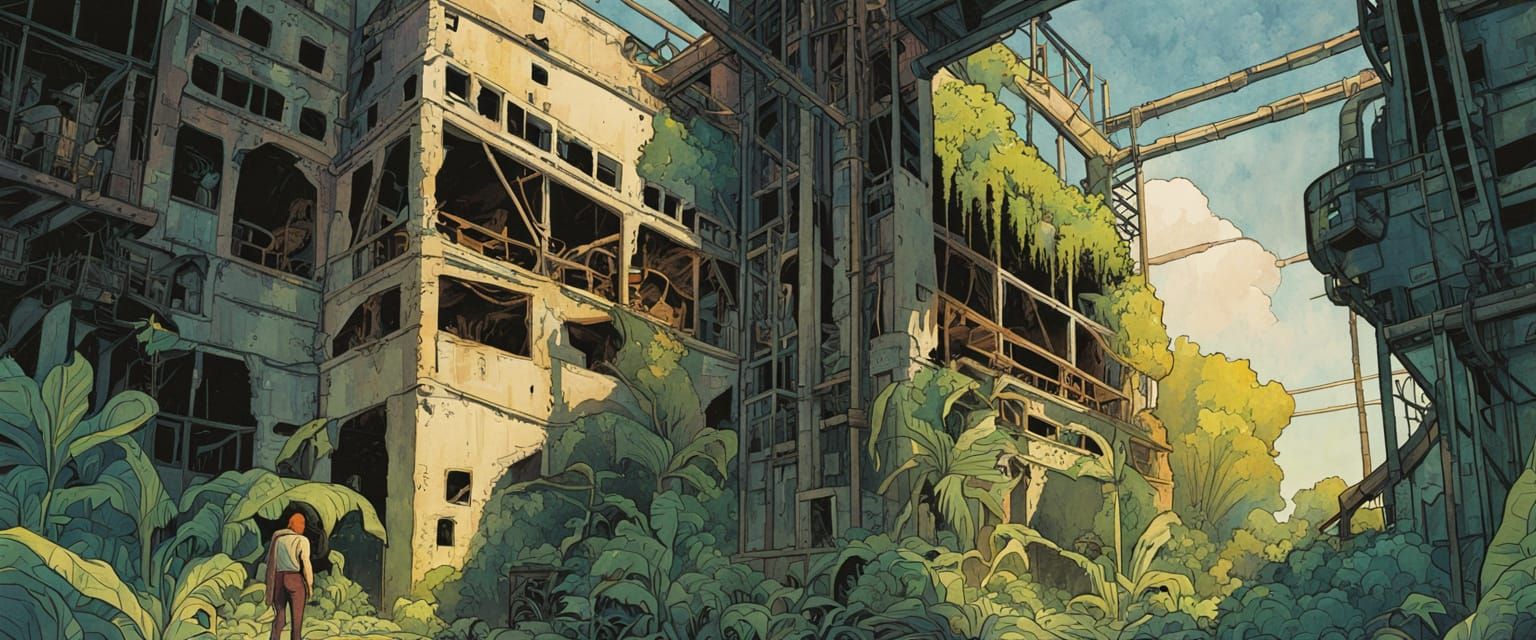 Abandoned Factory Exploration in Retro Comic Style