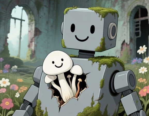 Whimsical Robot and Cordyceps Mushroom in Ruins