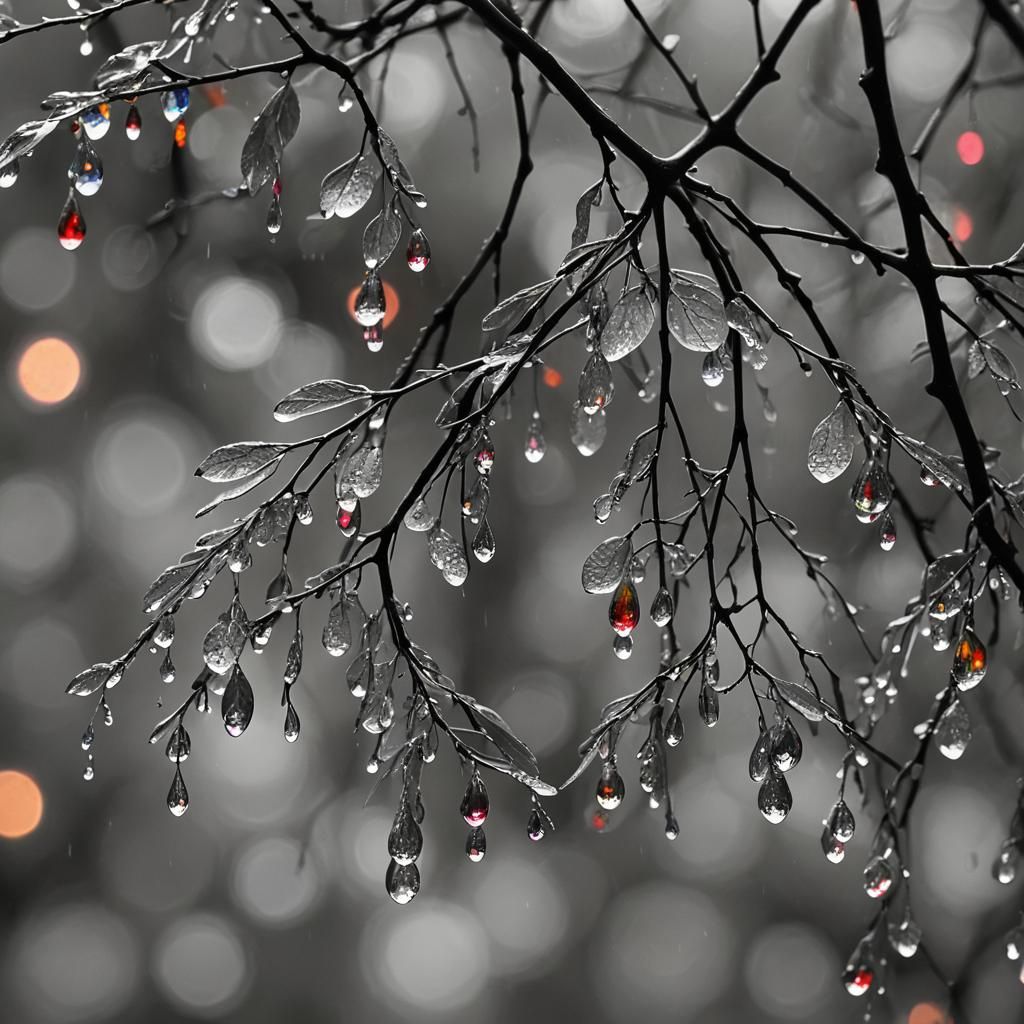 Rainbow Raindrops on Grayscale Leaves: Film Noir