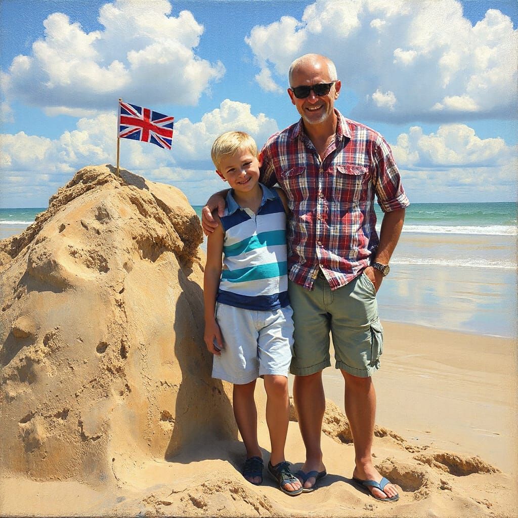 Father and Son Build Sandcastle: Impressionist Style