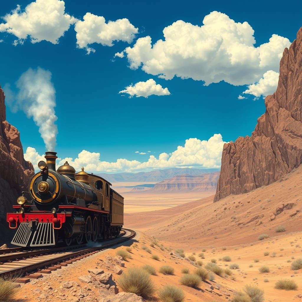 Majestic Steam Train Descends into Arid Desert Landscape