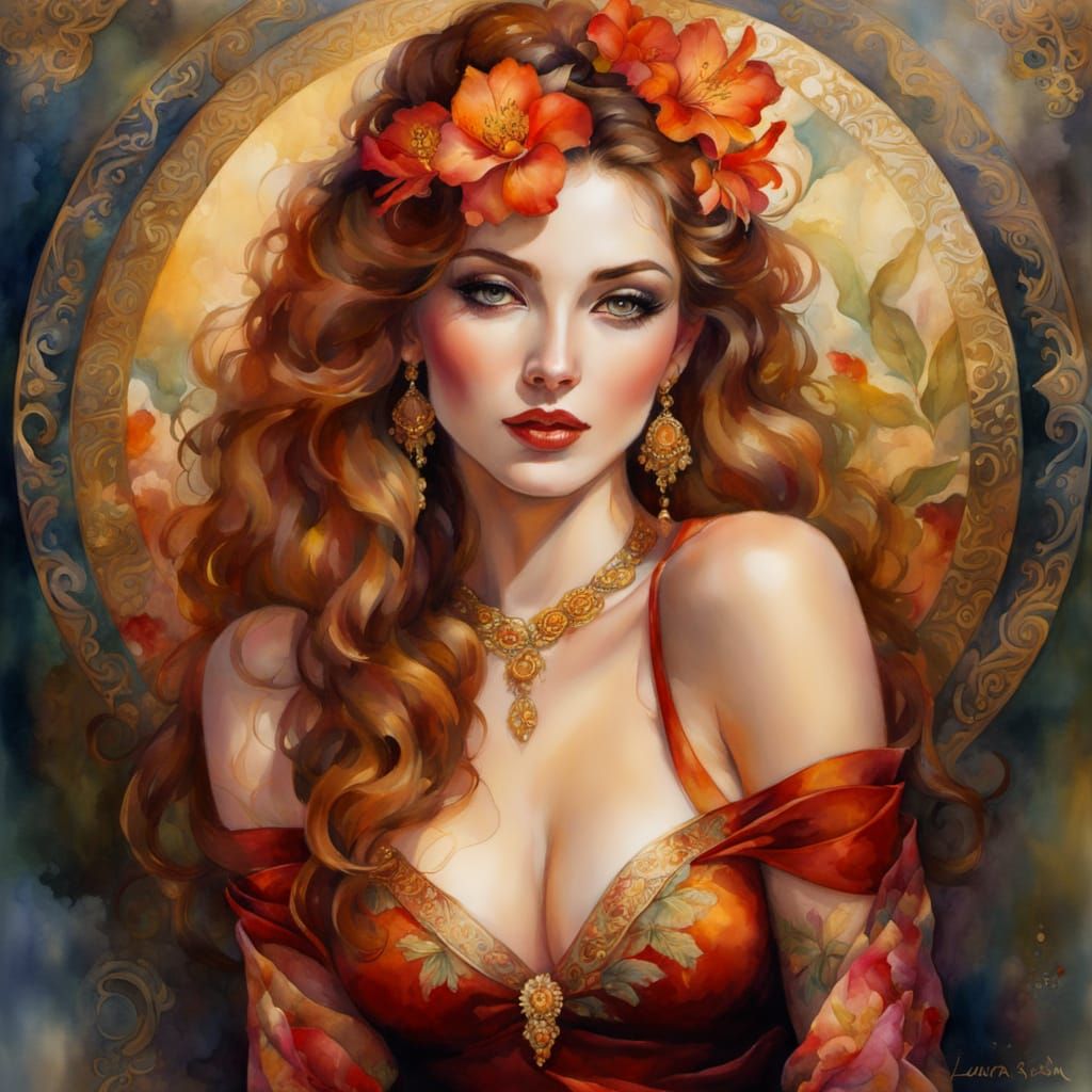 Exotic Pin-Up Art: Aphrodite in Watercolor Style