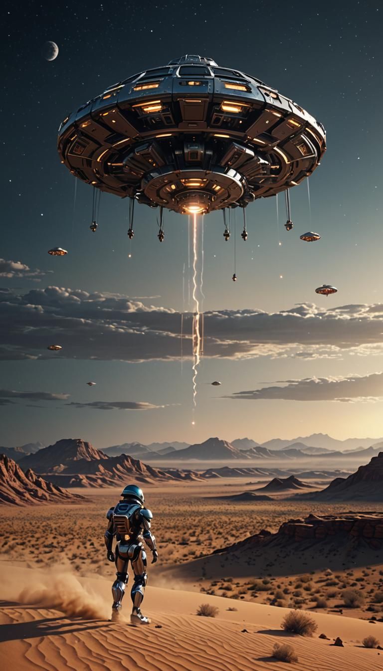 Biomechanical Horror UFO Abduction in Desert Night Sky