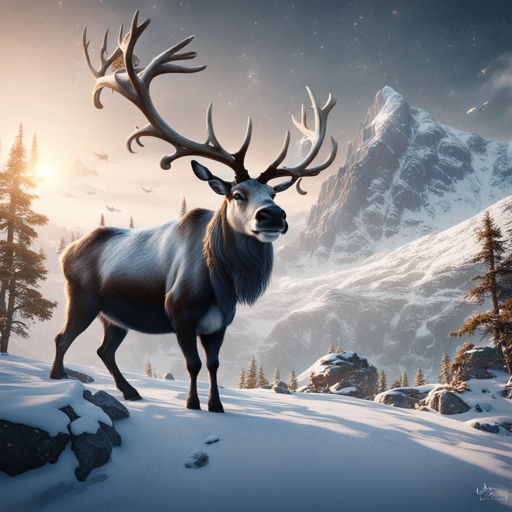 Reindeer on Snowy Mountain: Detailed Matte Painting