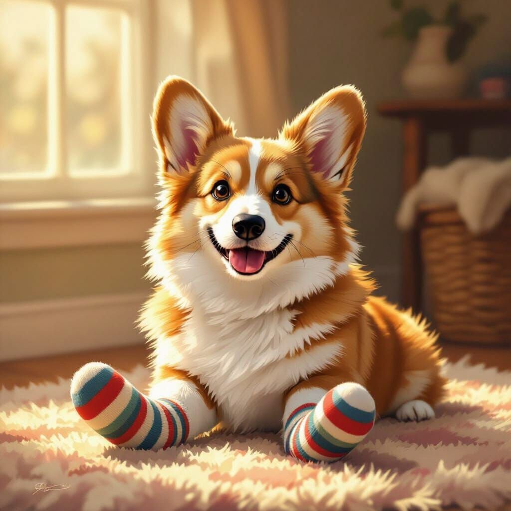 Fluffy Corgi in Mismatched Socks Sitting on Rug
