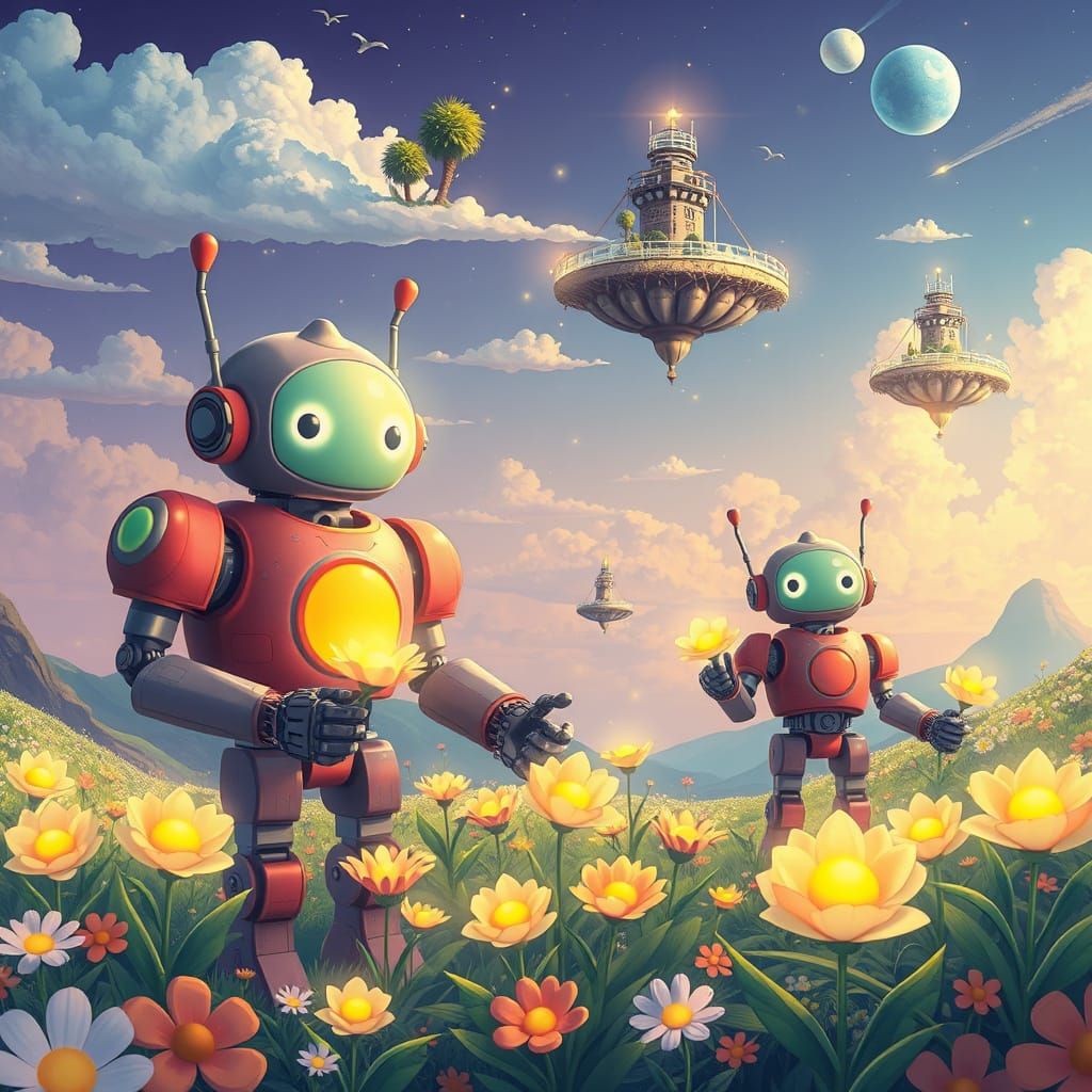 Robots Nurture Glowing Flowers in Surreal Landscape