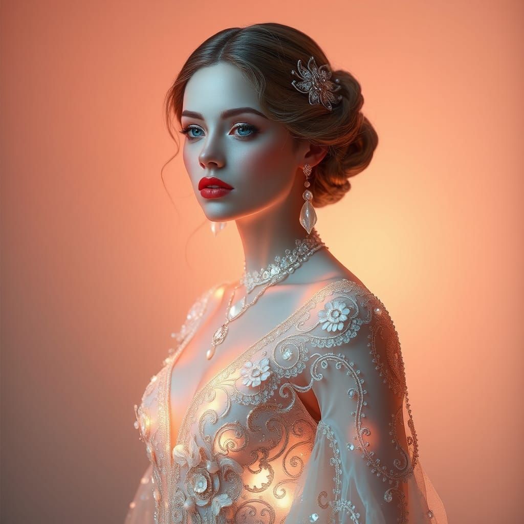 Luminous Pearl Woman in Art Nouveau Gown