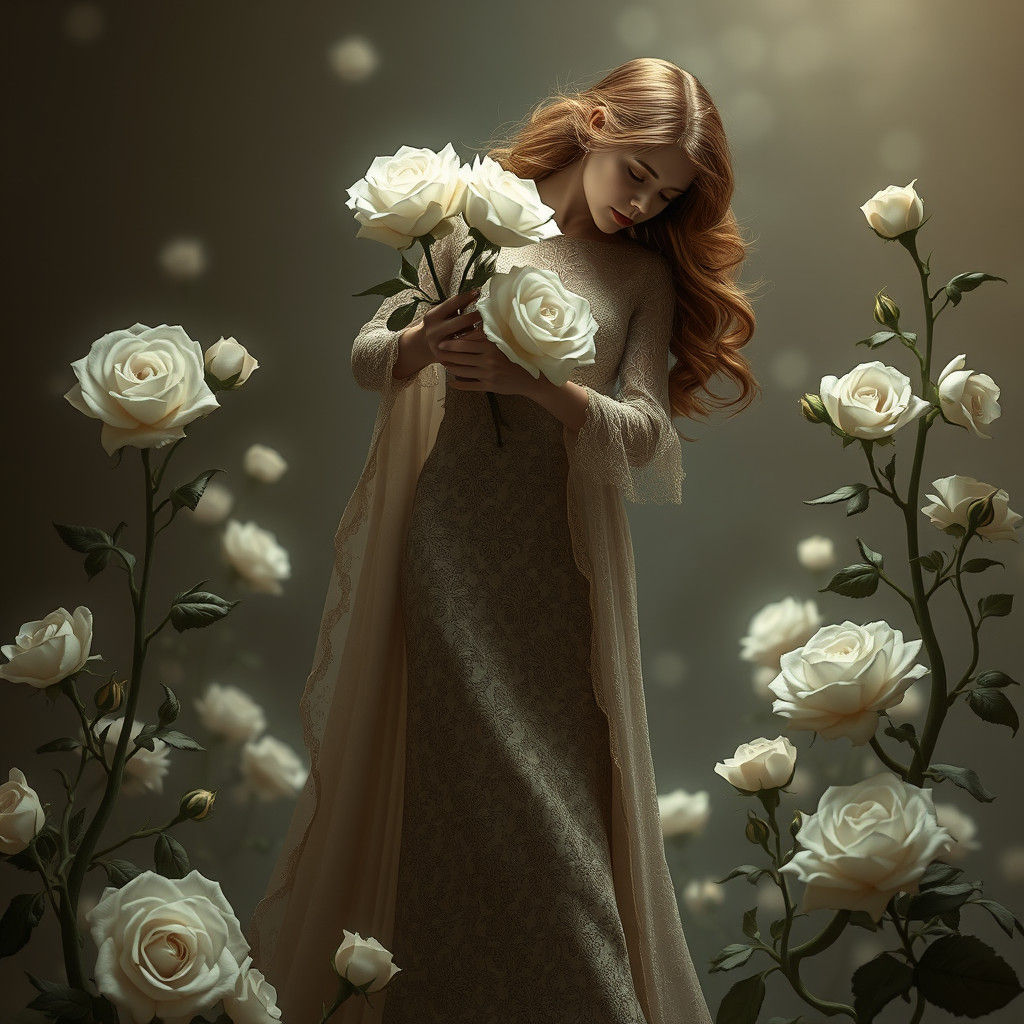 Elegant Lady Weaves Mystical White Roses in Art Nouveau Whim...