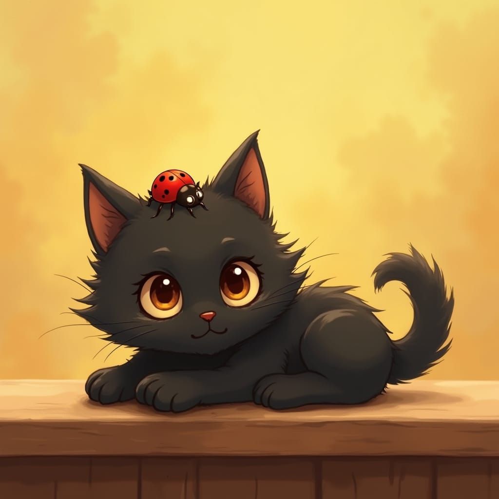 Adorable Black Kitten with Ladybug, Ghibli-esque Art