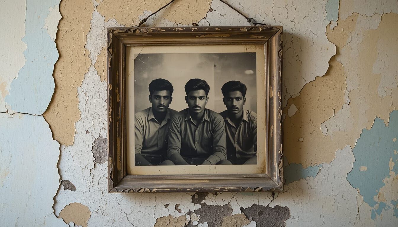 Dusty Frame on Cracked Wall with Faded Photo