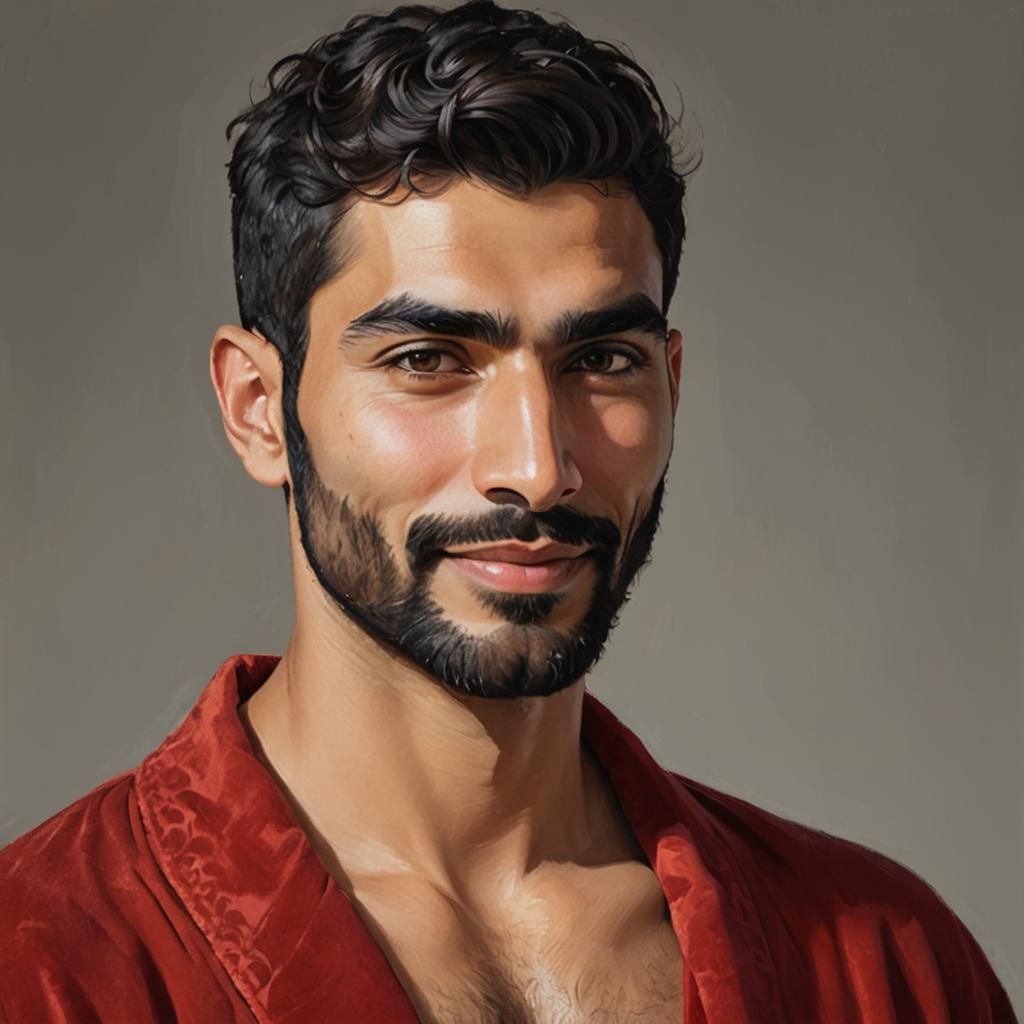 Joyful Bearded Man in Red Velvet: Impasto Oil Portrait