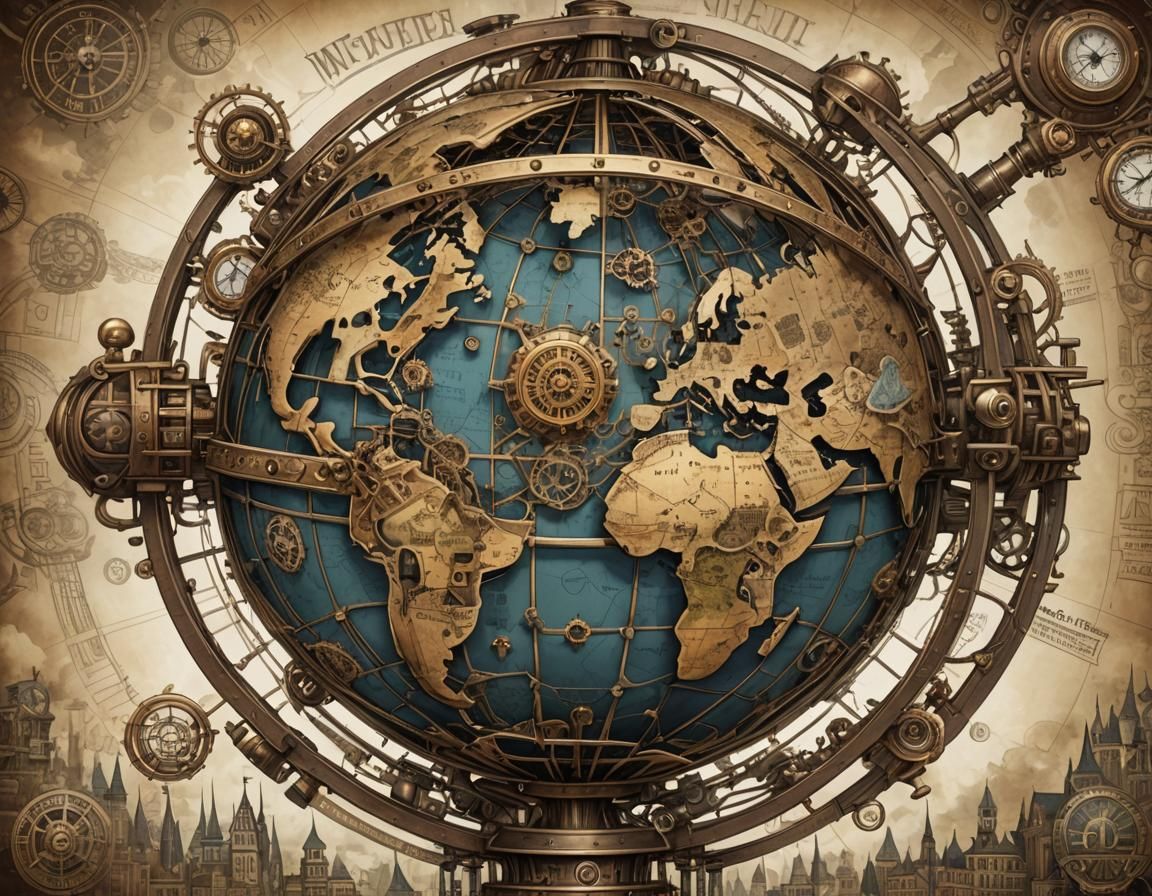 Steampunk World Globe Connecting People and Cities