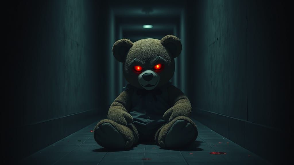 Evil Teddy Bear in Dark Hallway
