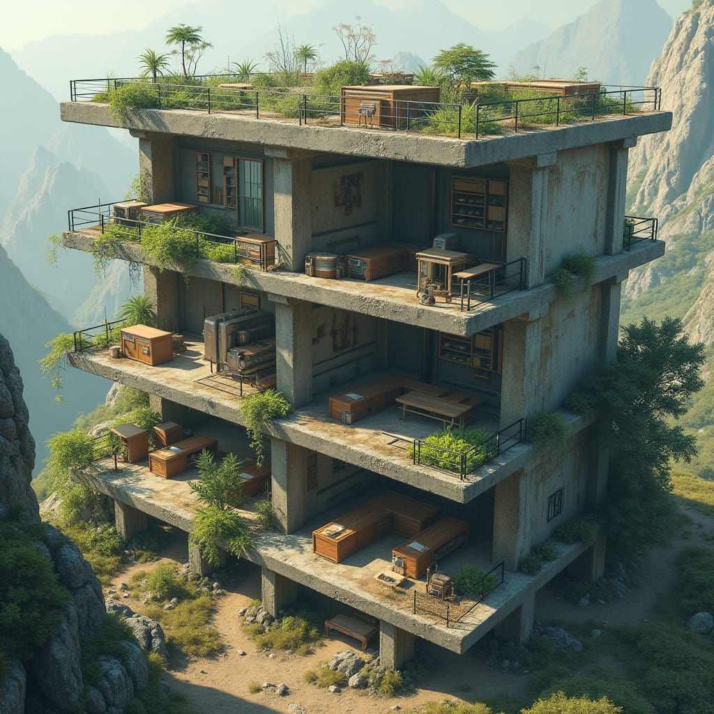 Eco-Brutalist Post-Apocalyptic Settlement Structure in Dysto...