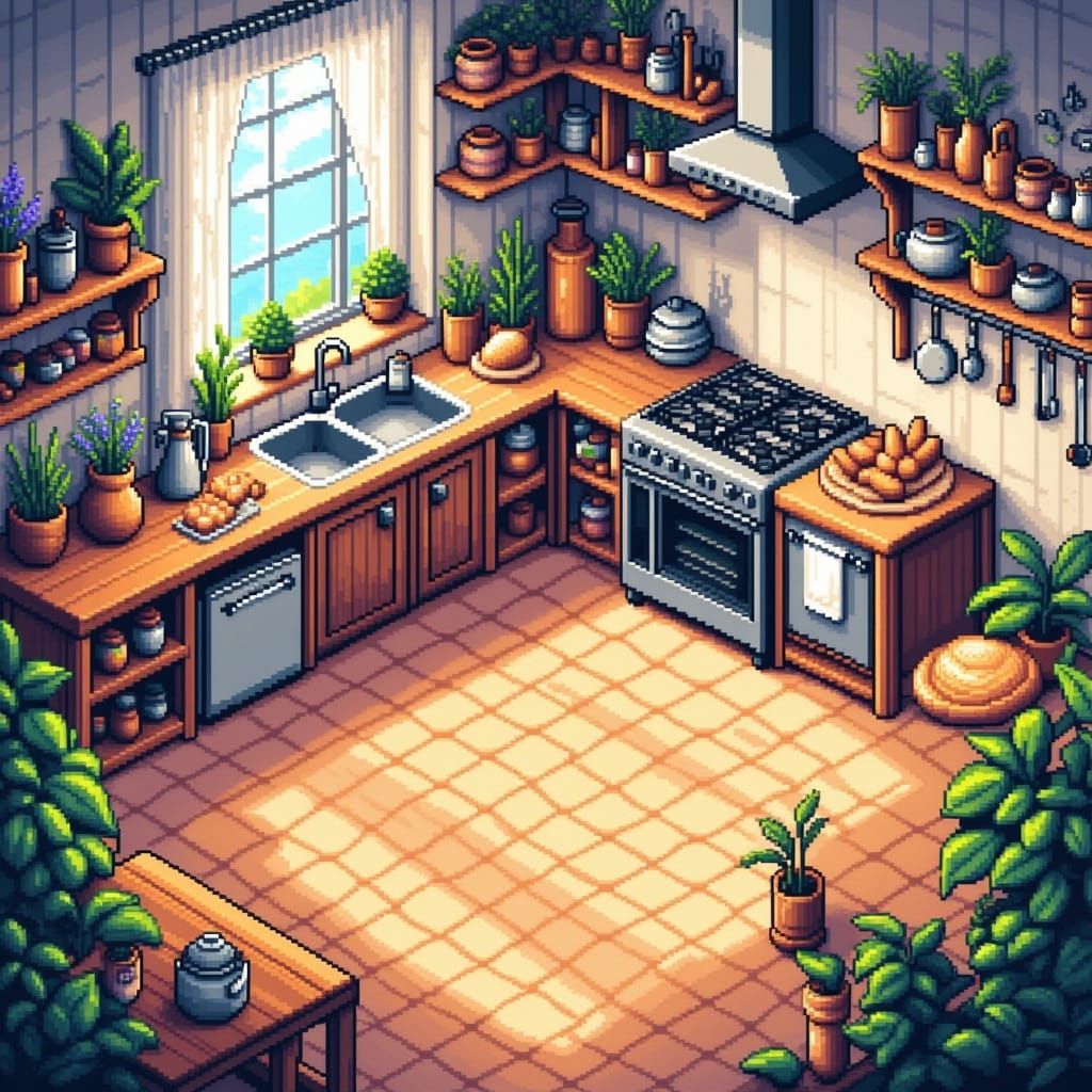 Cozy Isometric Kitchen in Retro RPG Pixel Art Style
