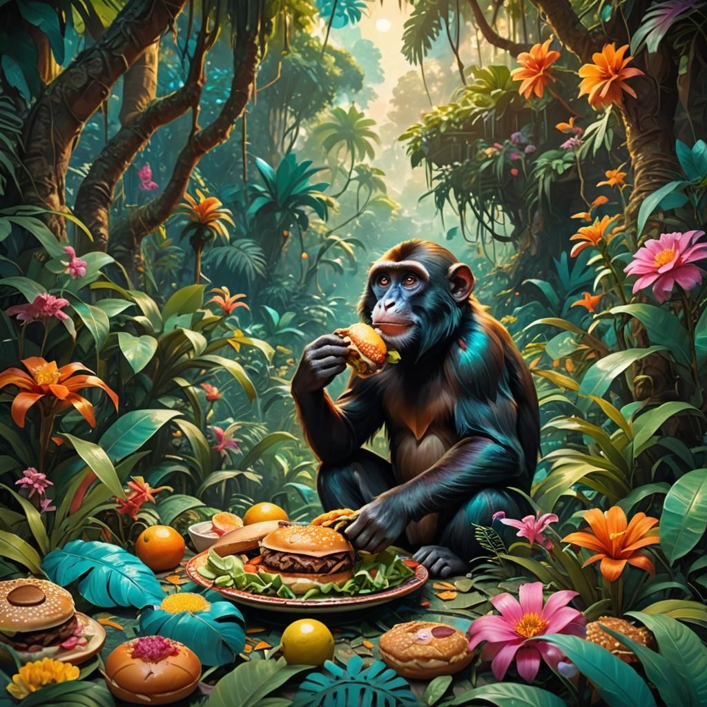 Monkey Enjoys Burger in Jungle Matte Painting