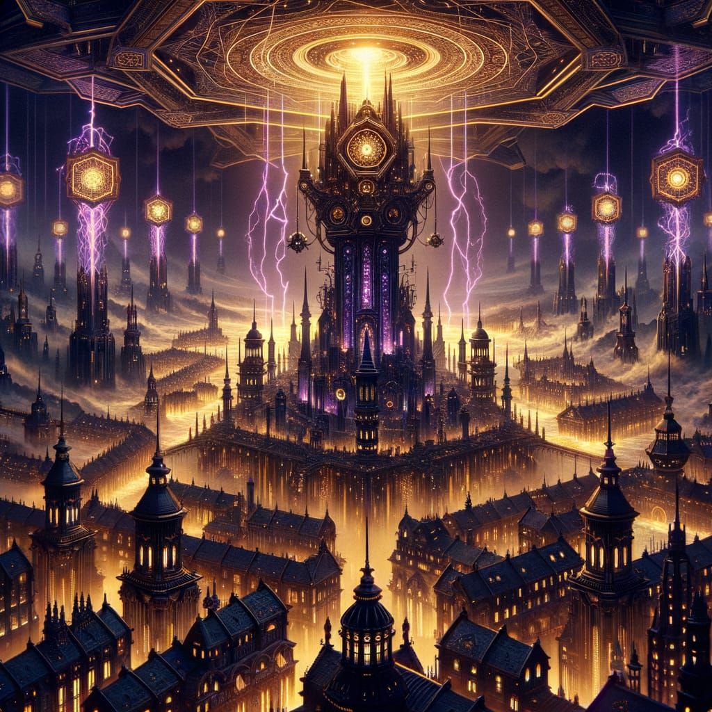 Ethereal Steampunk Metropolis with Rotating Astral Spire