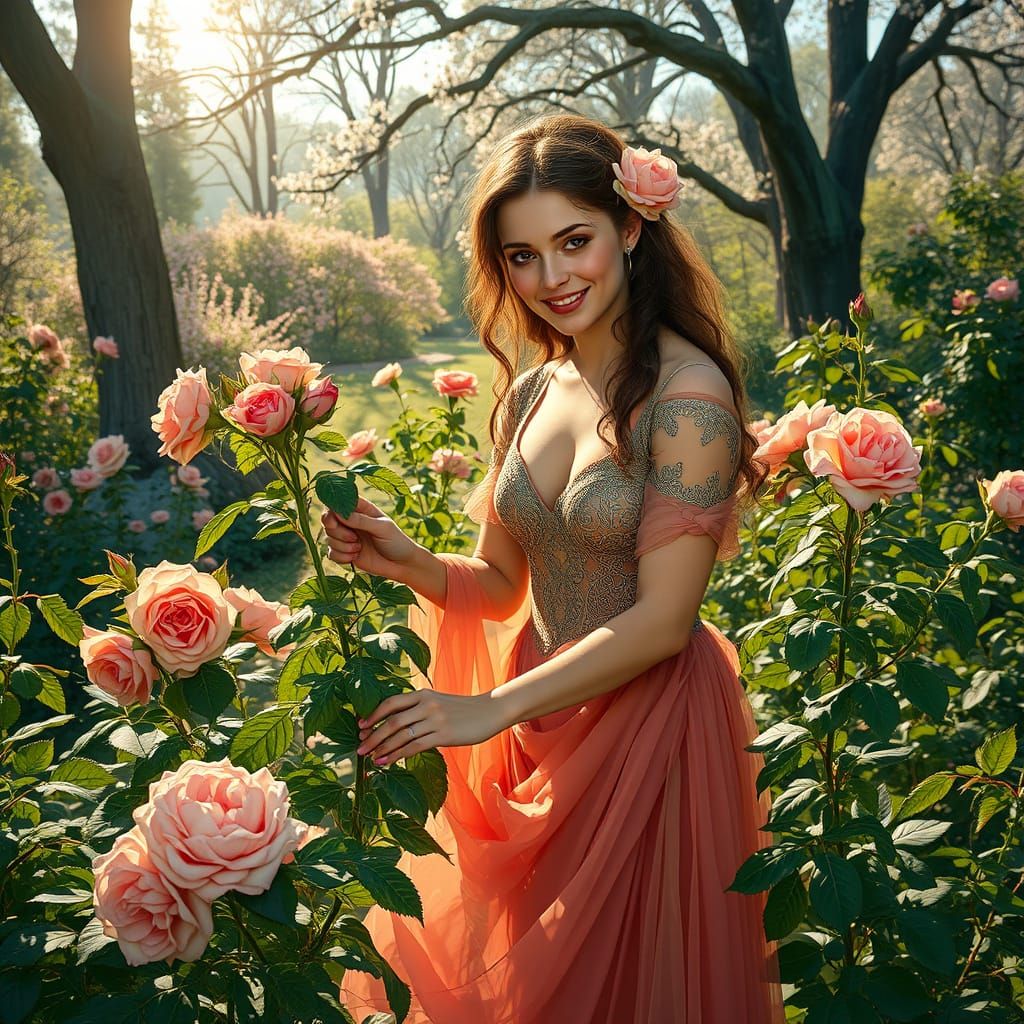 Garden Goddess Prunes Roses in a Vibrant Hyperrealistic Scen...