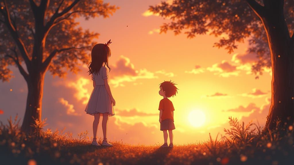 Anime Couple in Park at Sunset