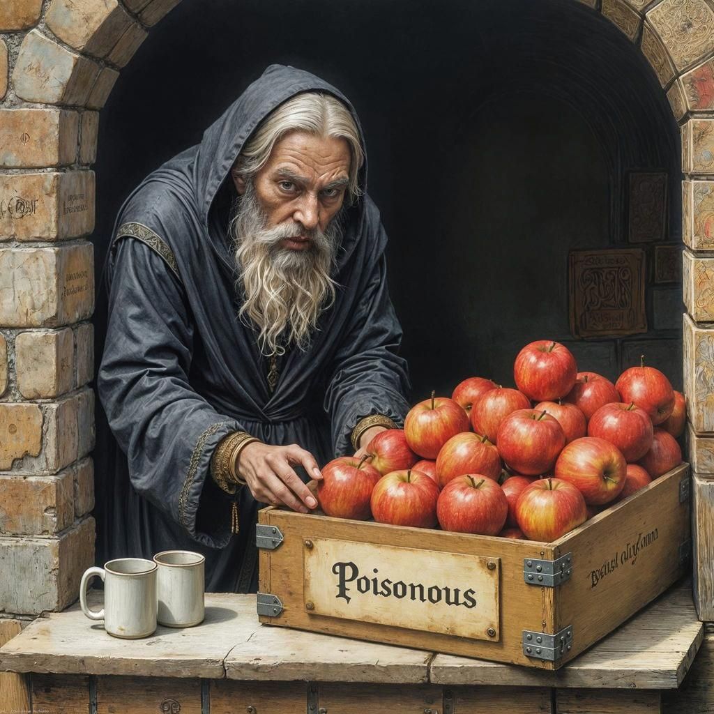 Poisonous Apples Sold by Witch, Pastel Illustration